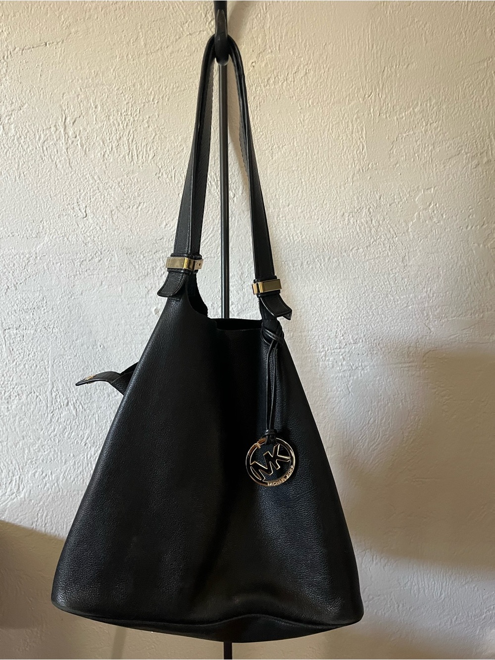 Michael Kors Black Leather Shoulder Tote with MK Charm